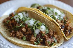 Delicious Tacos with Ground Meat Topped with Cilantro and Onion photo