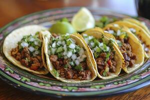 delicioso carne de vaca tacos en un vistoso plato con Lima porciones foto
