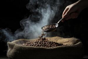 Pouring Fresh Coffee Beans Into Burlap Sack with Aroma photo