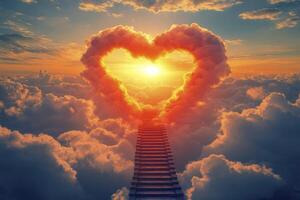 Stairway to Heaven with Heart Shaped Cloud and Glowing Sunset photo