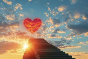 Climbing Steps Toward Love Heart in Sky with Golden Sunset photo