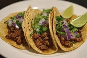Delicious Authentic Street Tacos with Beef, Cilantro, Onion and Lime photo