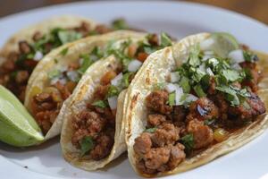 auténtico calle tacos Alabama pastor con cilantro y Lima en plato foto