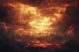 Dramatic Hellscape with Cross and Lightning Bolts Across Fiery Sky photo