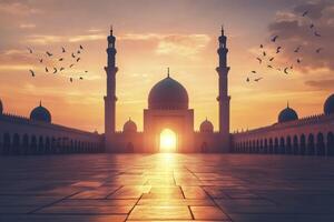 Grand Mosque Architecture Silhouette with Birds at Sunset Golden Hour photo