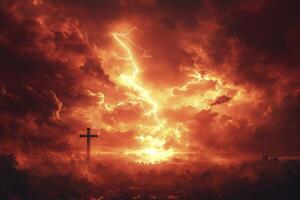 Cross Silhouette Amidst Fiery Sky with Lightning Strike Dramatic Scene photo