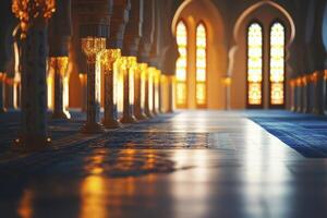 Ornate Mosque Interior with Sunlight Streaming Through Stained Glass Windows photo