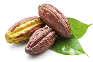 Cocoa Pods and Green Leaves Isolated on White Background Still Life photo