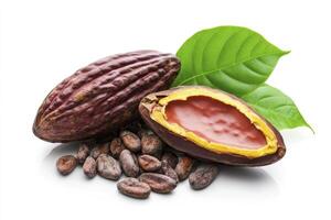 Cocoa Pods and Beans Freshly Harvested with Green Leaves Isolated photo