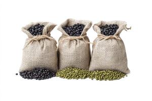 Beans in Burlap Sacks Black Beans and Green Mung Beans photo