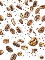 Falling Roasted Coffee Beans Isolated on White Background for Food Concepts photo
