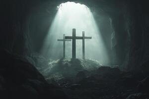 Three Crosses Standing in Light-filled Tomb Representing Resurrection and Hope photo