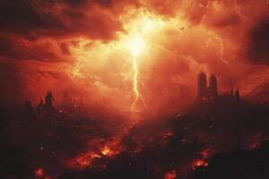 Lightning Strikes Over Ruined Cityscape with Burning Ground and Dark Clouds photo