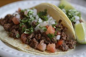 Delicious Beef Tacos with Fresh Toppings on Plate Ready to Eat photo