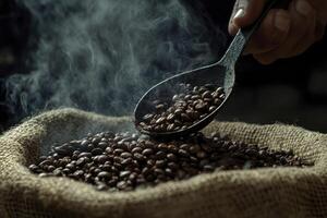 Steaming Roasted Coffee Beans in Burlap Sack with Hand Holding Spoon photo