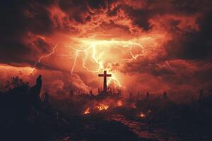Cross Silhouette with Lightning and Stormy Red Sky Dramatic Scene photo