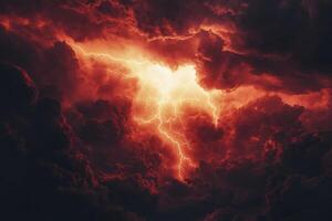 Dramatic Lightning Strike Amidst Red Storm Clouds Creating a Powerful Image photo