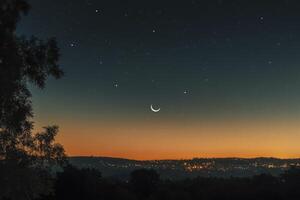Viewing Crescent Moon and Stars Above City Lights at Dusk photo