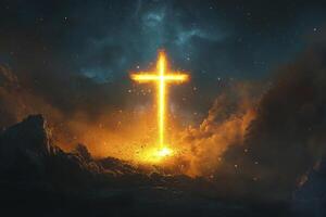 Glowing Cross in Dramatic Sky with Stars, Clouds and Rock Formations photo