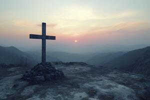 Cross Silhouette on Mountain Top at Sunset Symbolic Faith Landscape photo
