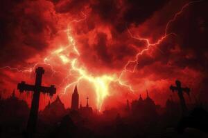 Lightning Strikes Over Cemetery with Red Sky and Crosses photo