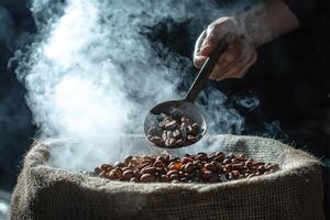 Roasted Coffee Beans in Burlap Sack with Steam and Metal Spoon photo