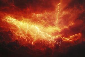 Lightning Strikes Through Dramatic Red and Orange Storm Clouds Creating Intensity photo