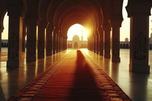 Mosque Interior with Carpet Leading to Bright Sunlight at Sunset photo