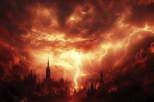 Lightning Strikes a Dark Cityscape with Stormy Sky and Dramatic Light photo
