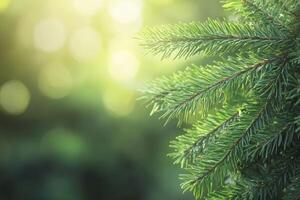 Close Up of Evergreen Tree Branch in Sunlight with Bokeh Background photo