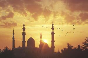 Mosque Silhouette at Sunset with Birds Flying in Golden Hour Light photo