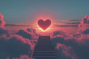 Stairway to Love Heart Above Clouds with Sunset Sky and Stairs photo