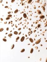 Floating Roasted Coffee Beans Against White Background for Beverage Concepts photo