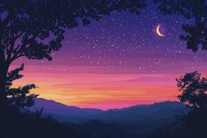 Night Landscape with Crescent Moon Over Mountains and Starry Sky photo