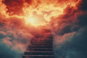 Stairway Leading Up Through Dramatic Clouds Toward a Bright Light photo