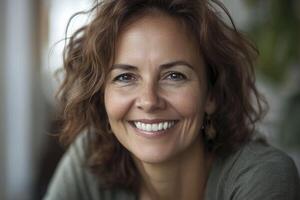 Woman Smiling with Genuine Warmth and Positive Expression in Indoor Setting photo