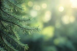 Close-up of Pine Tree Branch with Bokeh Background and Sunlight photo