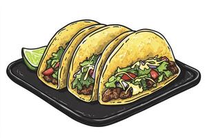 Delicious Tacos on Black Plate with Lime Slice Ready to Eat photo