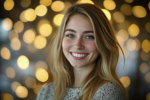 Smiling Woman Portrait with Warm Light Bokeh Background in Soft Focus photo