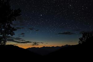 Night Sky Over Mountain Range Silhouette with Stars and Twilight Glow photo