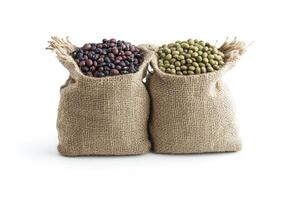 Two Burlap Sacks Filled with Black Beans and Green Mung Beans photo