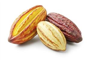 Three Cocoa Pods Displaying Various Colors and Ripeness Stages photo