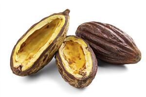 Examining Three Ripe Cacao Pods, Two of Which Are Opened photo