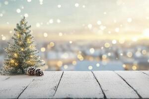 Decorated Christmas Tree with Snowy Wood Table and Bokeh Background photo
