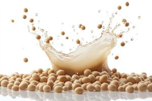 Soybeans with Milk Splash Isolated on White Background Food Concept photo