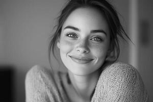 Smiling Young Woman Portrait with Freckles in Black and White Style photo