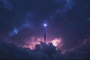 Glowing Christian Cross Silhouette Against Starry Night Sky and Clouds photo