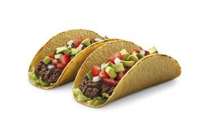 Delicious Tacos with Ground Beef, Avocado and Tomato on White photo