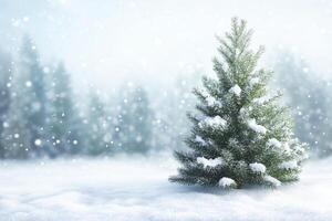 Snowy Winter Scene with Evergreen Tree and Falling Snowflakes photo