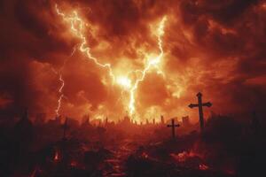 Dramatic Lightning Strikes Over Cemetery with Crosses in Orange Sky photo